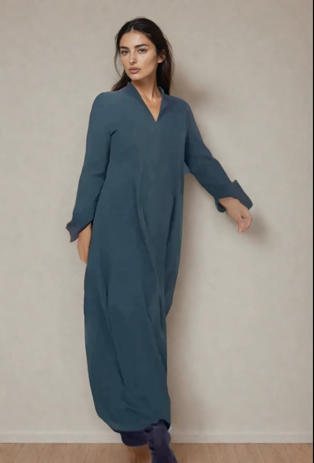 Natalia™ - Długa Sukienka z Bawełny Stretch z Kieszeniami
